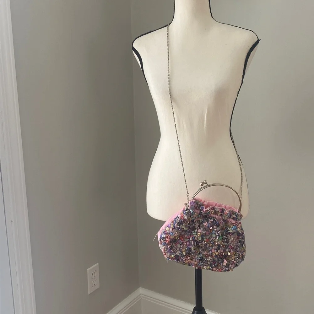Vintage La Viola fun beaded crossbody handbag kiss closure pink sateen quirky - Picture 12 of 13